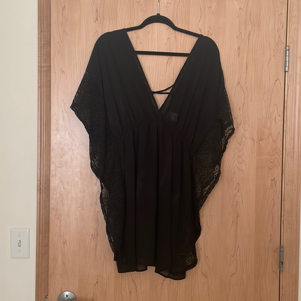 Black Polyester and Lace Swim Coverup